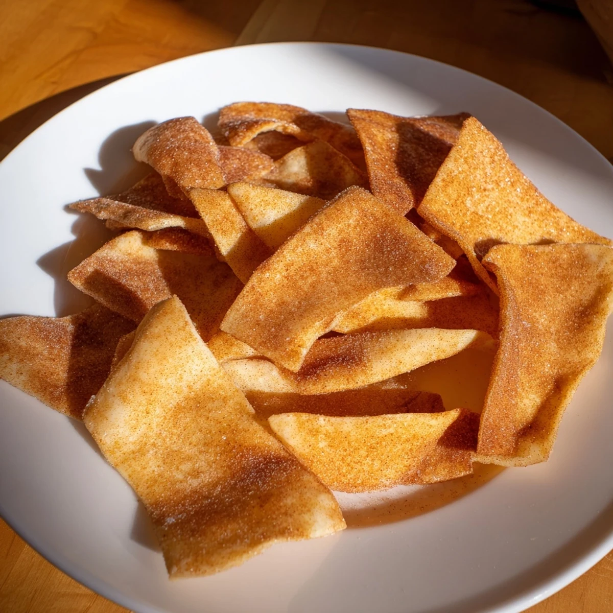 Golden, crispy cinnamon sugar tortilla chips, a sweet and satisfying dessert snack, is easy to make.