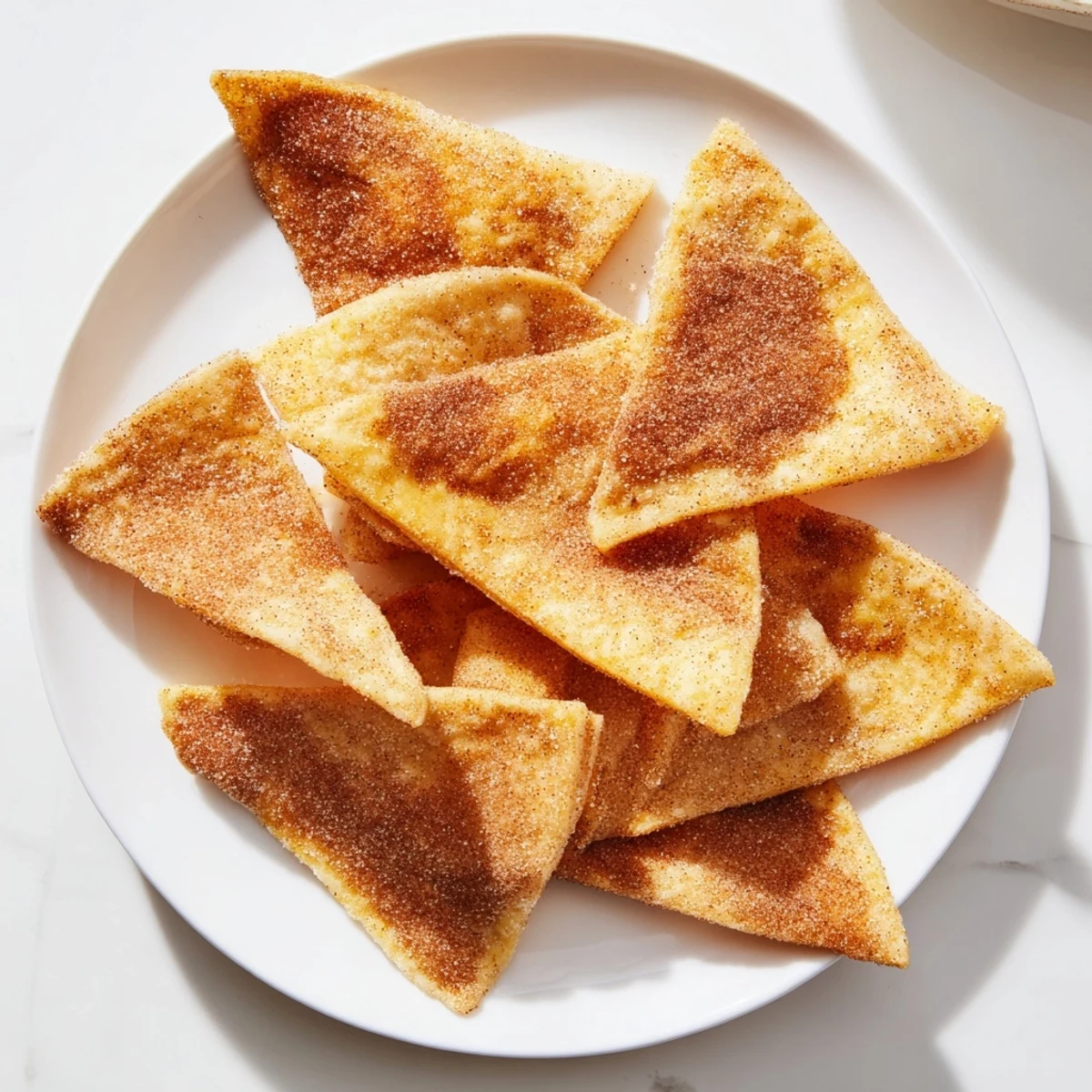 Close-up of golden brown cinnamon sugar tortilla chips, air-fried to a perfect, crispy texture.