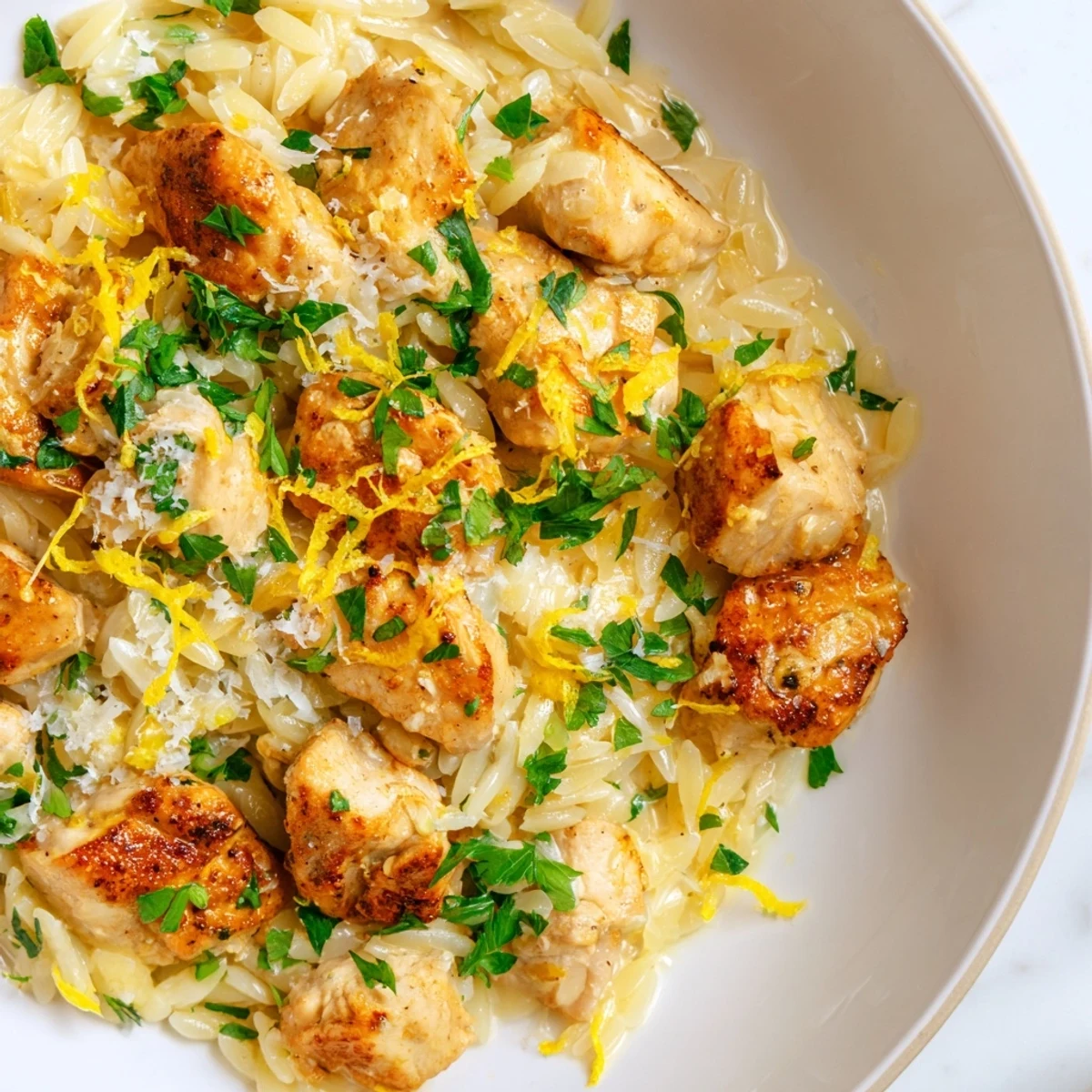 A close-up view of the Creamy Lemon Chicken Orzo, garnished with fresh parsley and lemon slices.