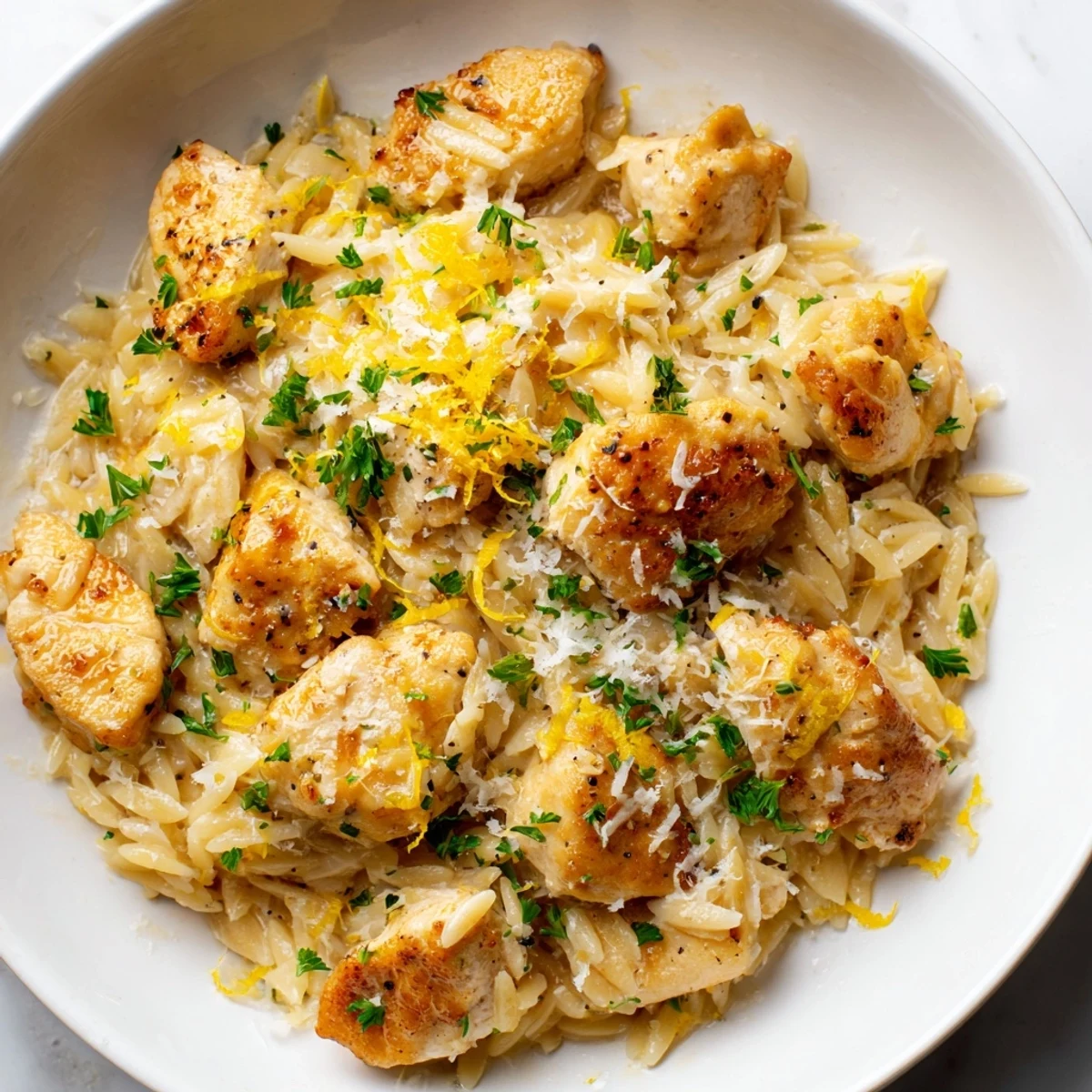 Creamy Lemon Chicken Orzo, a vibrant bowl of tender chicken and pasta glistening with a lemon-herb sauce.