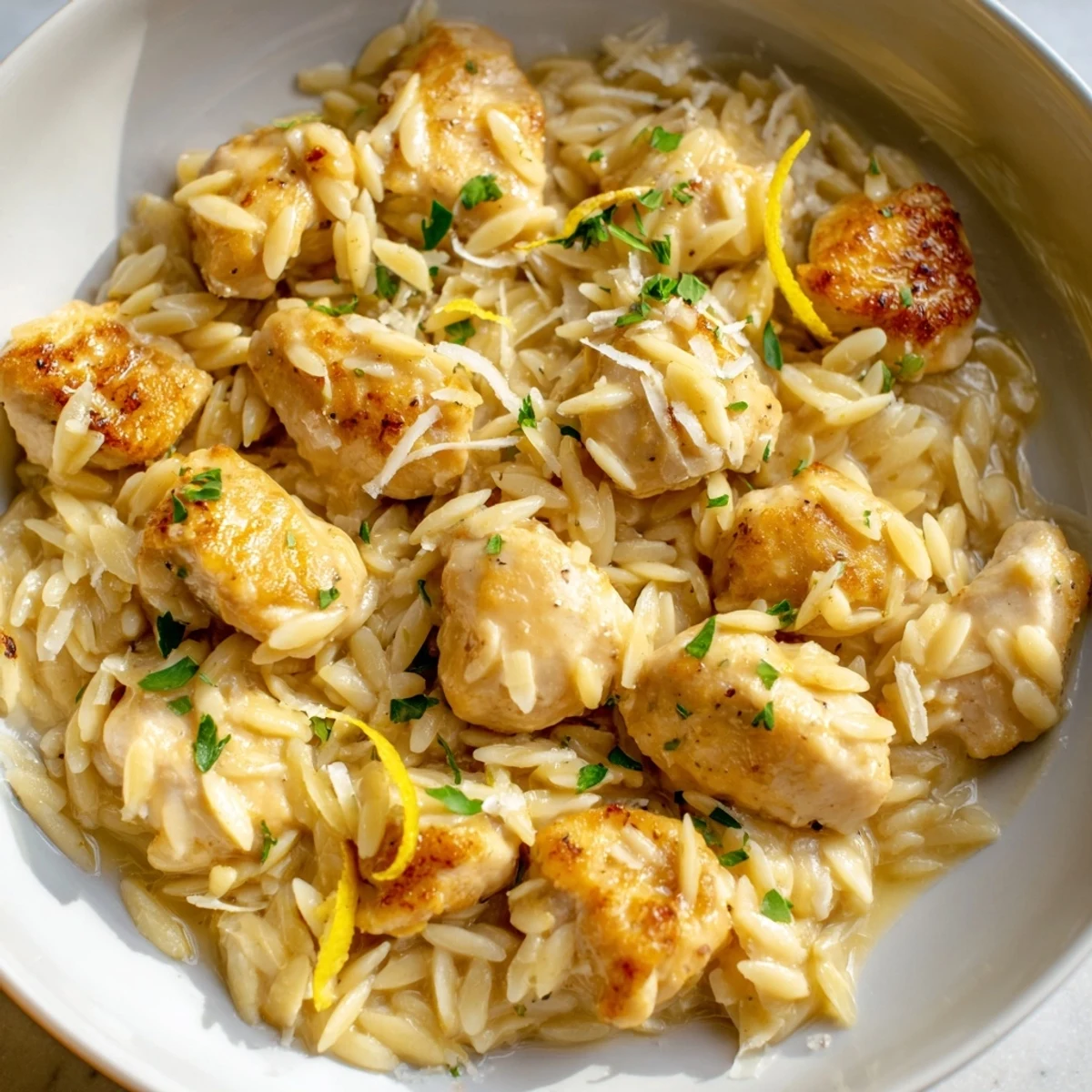 This enticing photo shows golden chicken and creamy orzo mingling in a delicious Creamy Lemon Chicken Orzo dish.