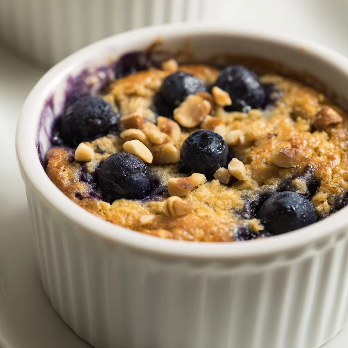 Warm, baked Blueberry Baked Oats with golden top, served in a ramekin, waiting to be enjoyed.