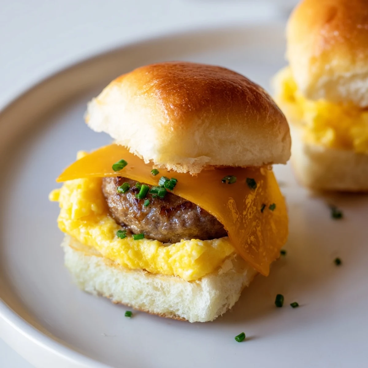 Fluffy scrambled eggs, sausage, and melted cheese make up these delicious Mini Breakfast Sliders.