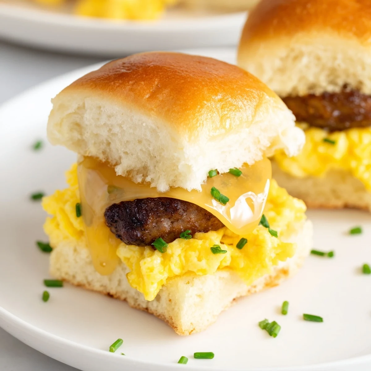 A close-up view shows delightful Mini Breakfast Sliders, drizzled with maple syrup and ready to eat.
