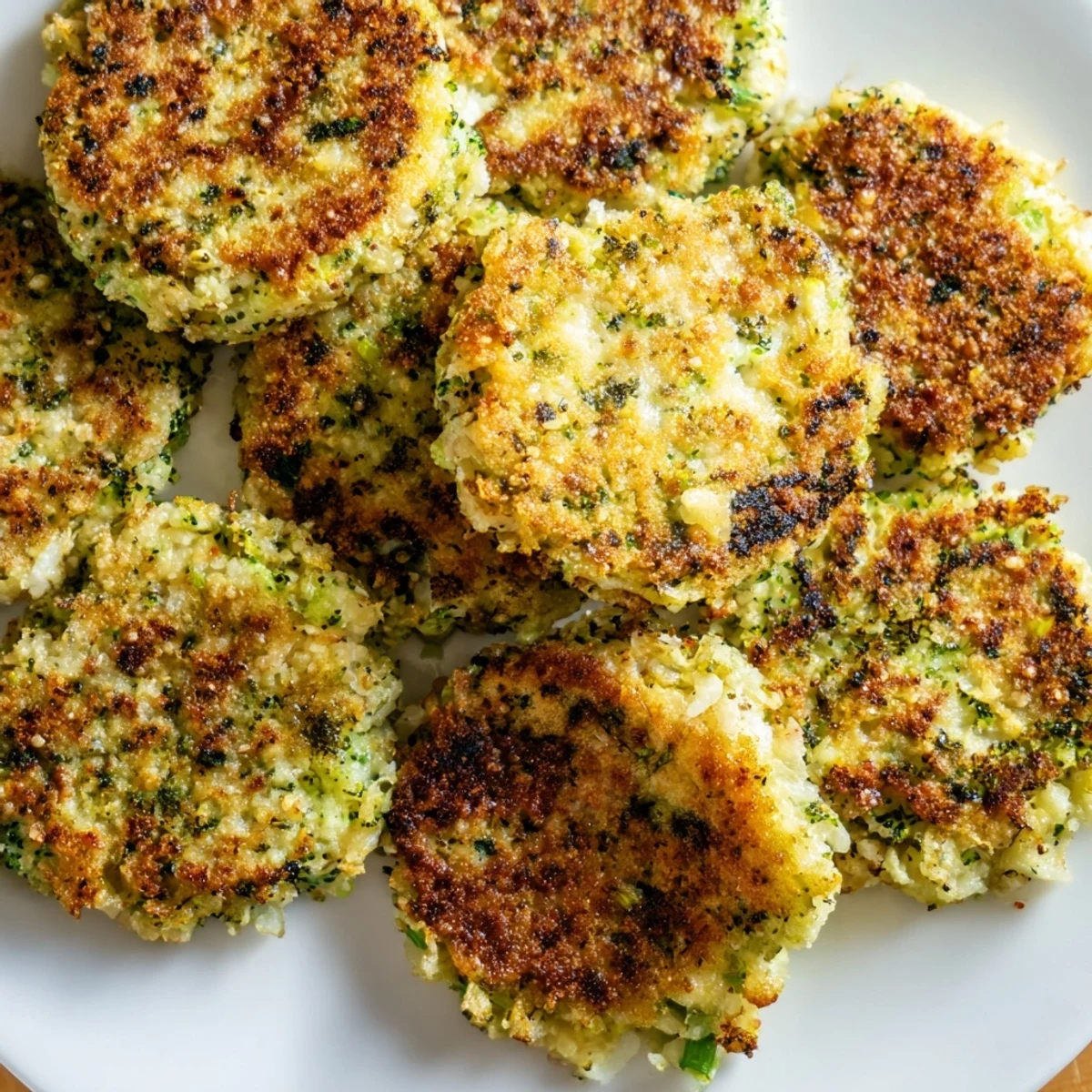 Close-up of freshly cooked Cheesy Broccoli Patties, featuring melty cheese and tender broccoli florets inside.