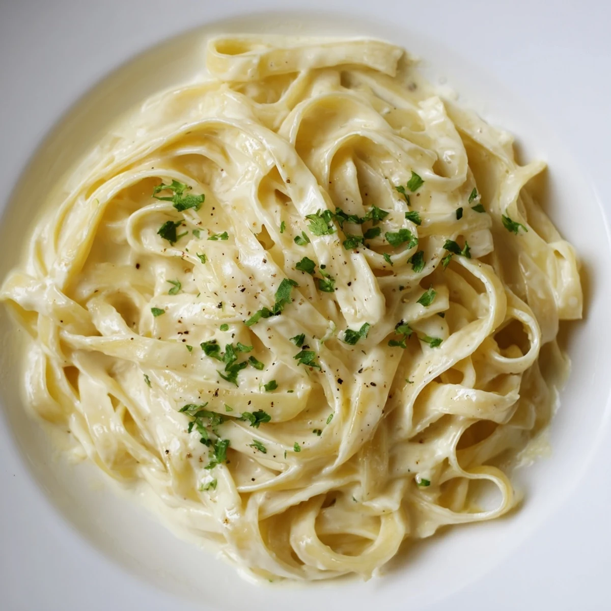Creamy Pasta Alfredo Cottage Hack, speckled with parsley, ready on a plate for a delicious meal.