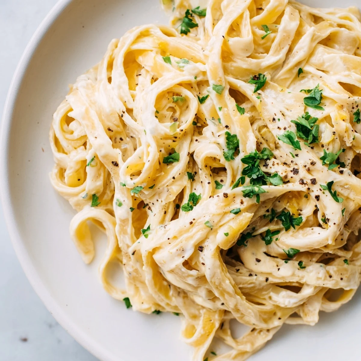 Homemade Pasta Alfredo Cottage Hack recipe, a vegetarian delight, with a smooth, cheesy sauce served.