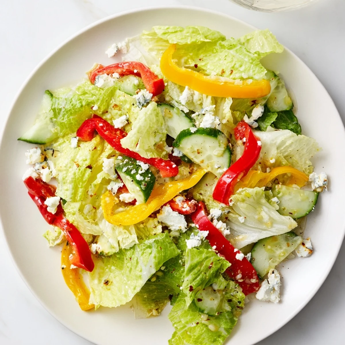 A close-up of a vibrant Bella Hadid Salad, showcasing fresh veggies and creamy feta cheese.