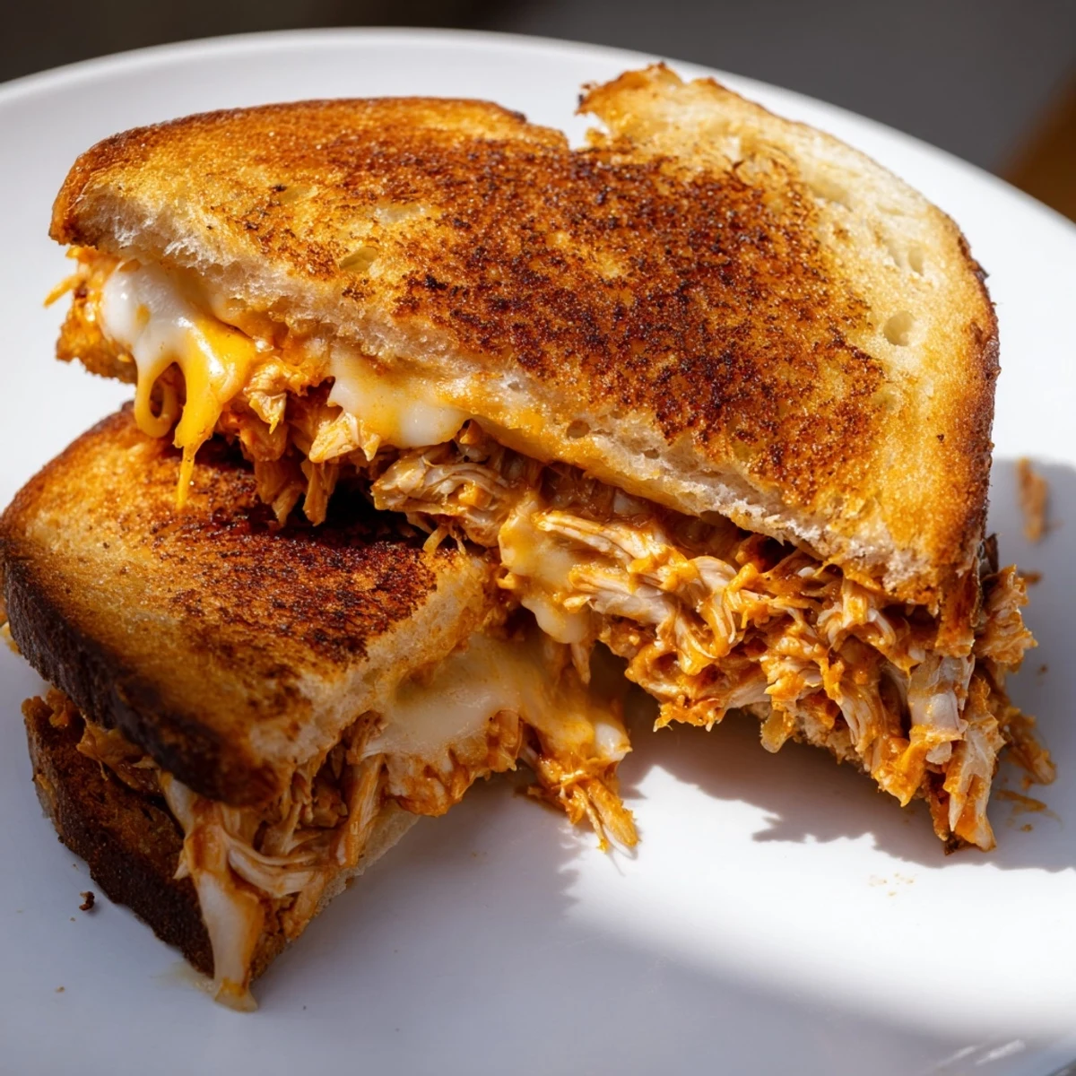 Golden-brown Chili Crisp Honey Chicken Grilled Cheese sandwich with melted cheese and crispy bread.