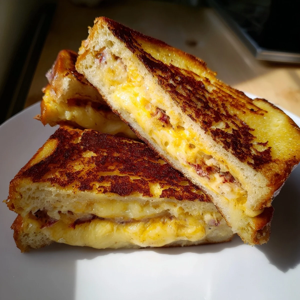 Golden Custard French Toast Grilled Cheese oozes with melted Gruyère, a decadent brunch treat.