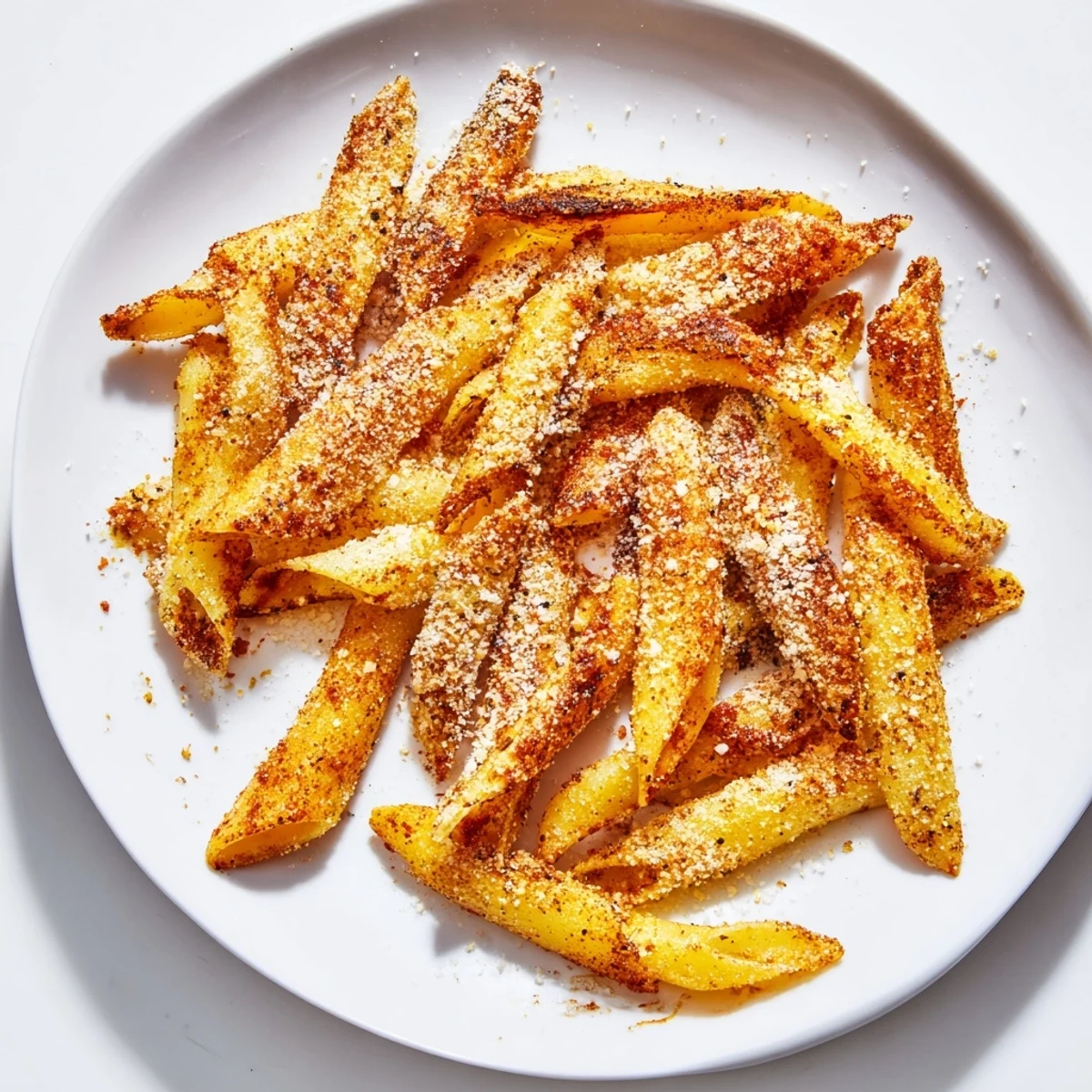 Golden brown pasta chips, crispy and seasoned, air-fried to perfection for delicious snacking.