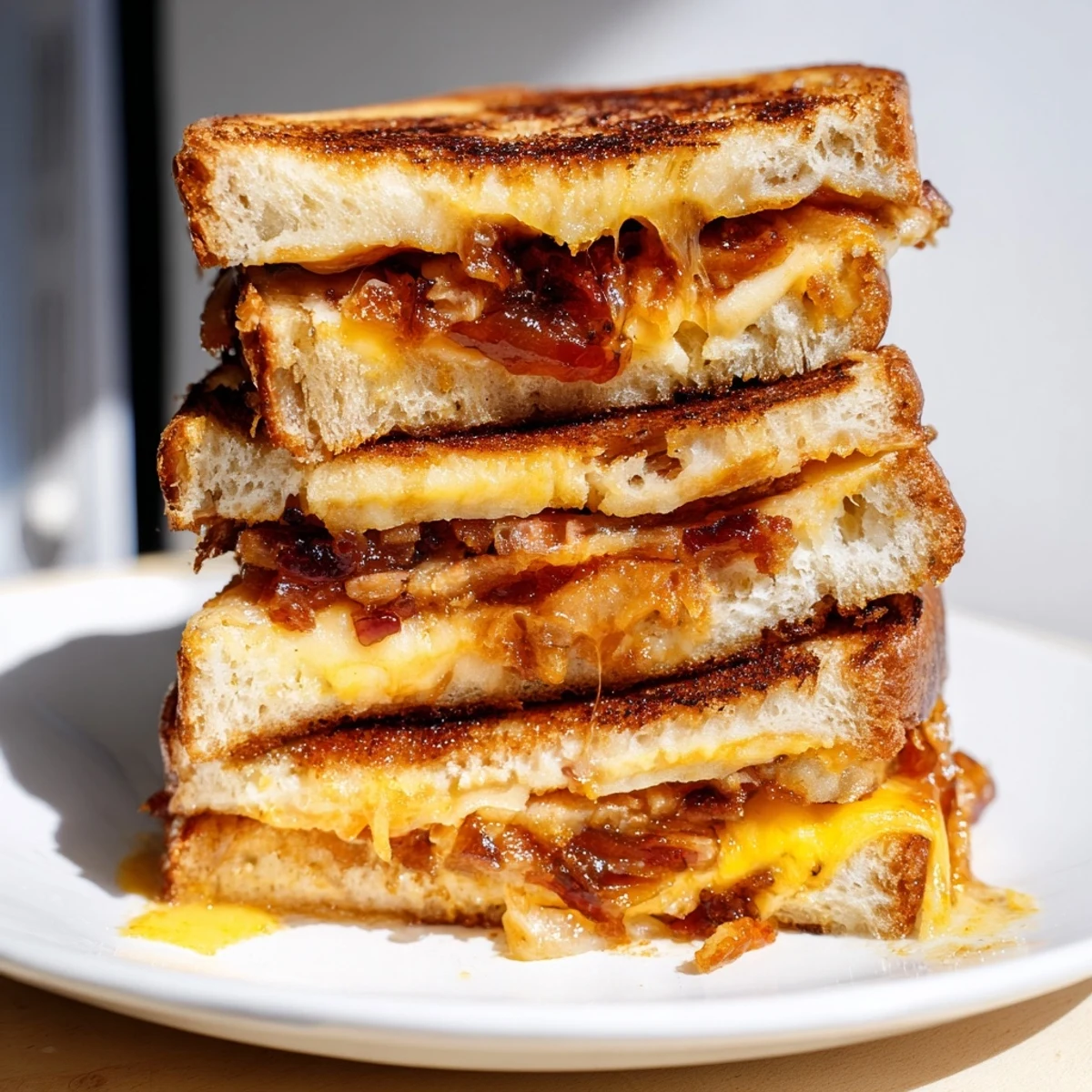 Golden-brown Bacon Jam Grilled Cheese oozing with melted cheese, a savory sandwich delight.