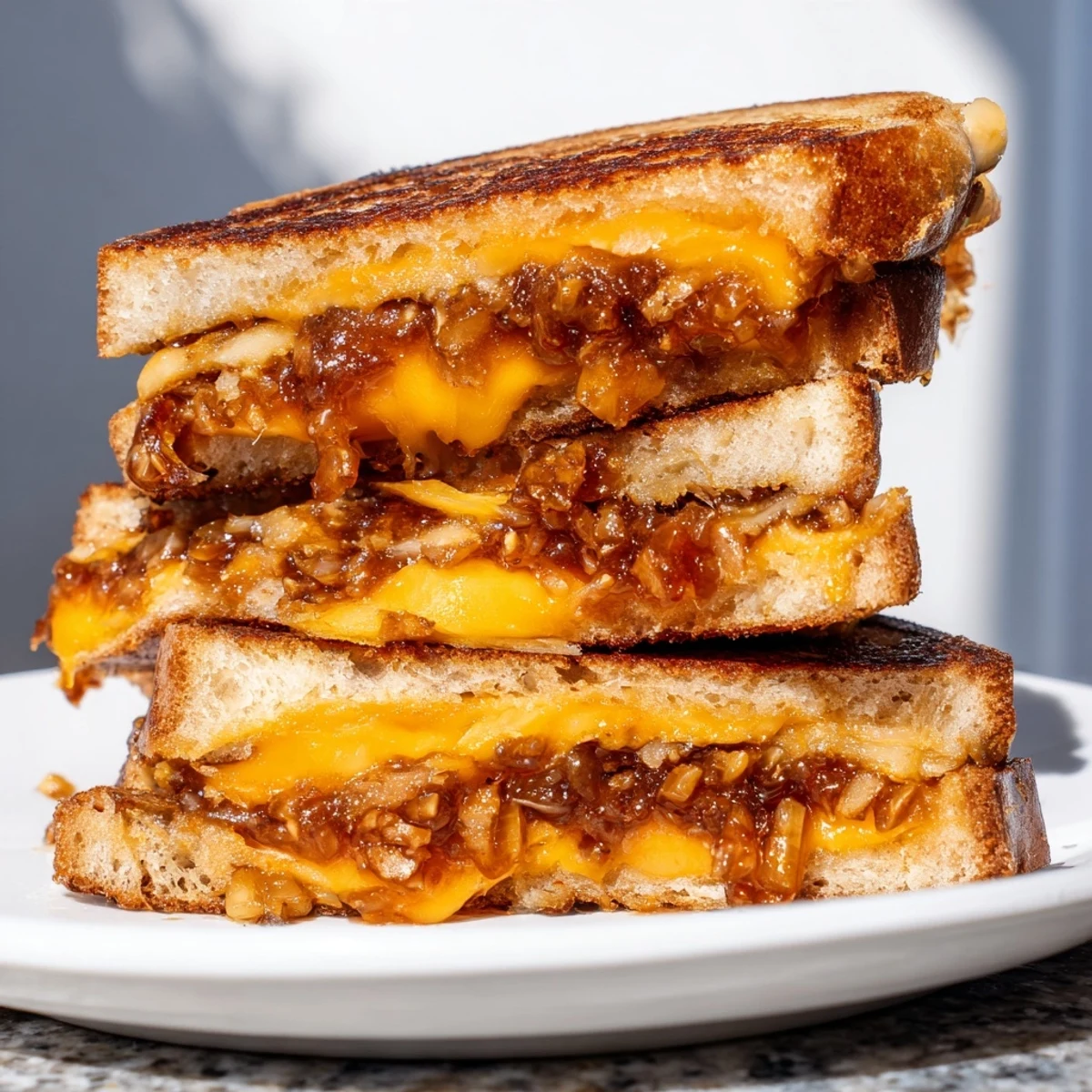 A close-up of a Bacon Jam Grilled Cheese, showcasing layers of bacon and melted cheeses.