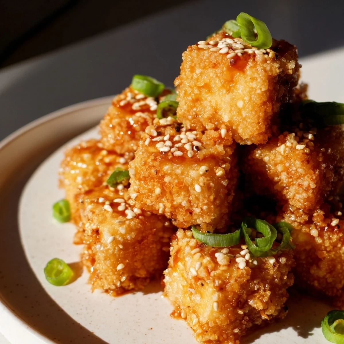 Golden brown Honey Sriracha Tofu Nuggets glistening with sweet and spicy glaze ready to enjoy.