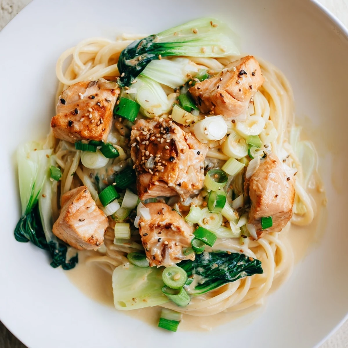Delectable miso butter salmon pasta, with tender salmon and linguine, ready to serve with fresh garnishes.