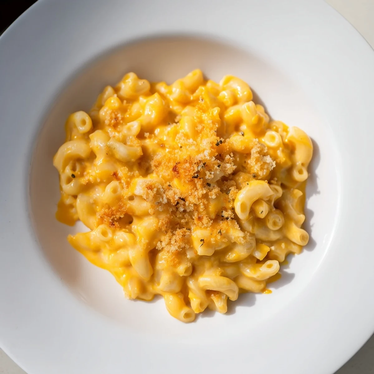A comforting bowl of pumpkin mac & cheese, the vibrant orange sauce coating each pasta shell.