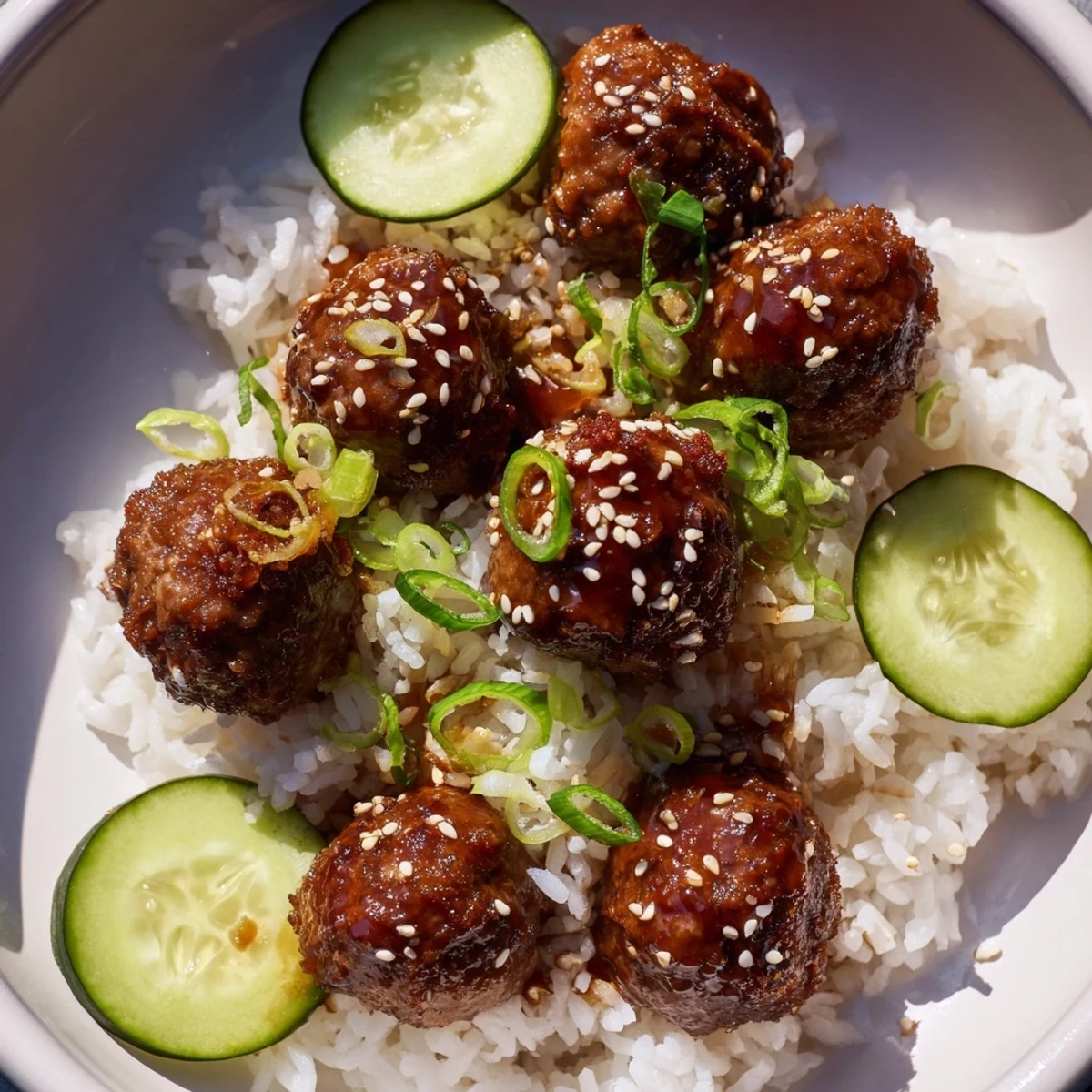 Vibrant teriyaki meatball bowls with glistening sauce, rice, and crisp cucumber slices, ready to eat.