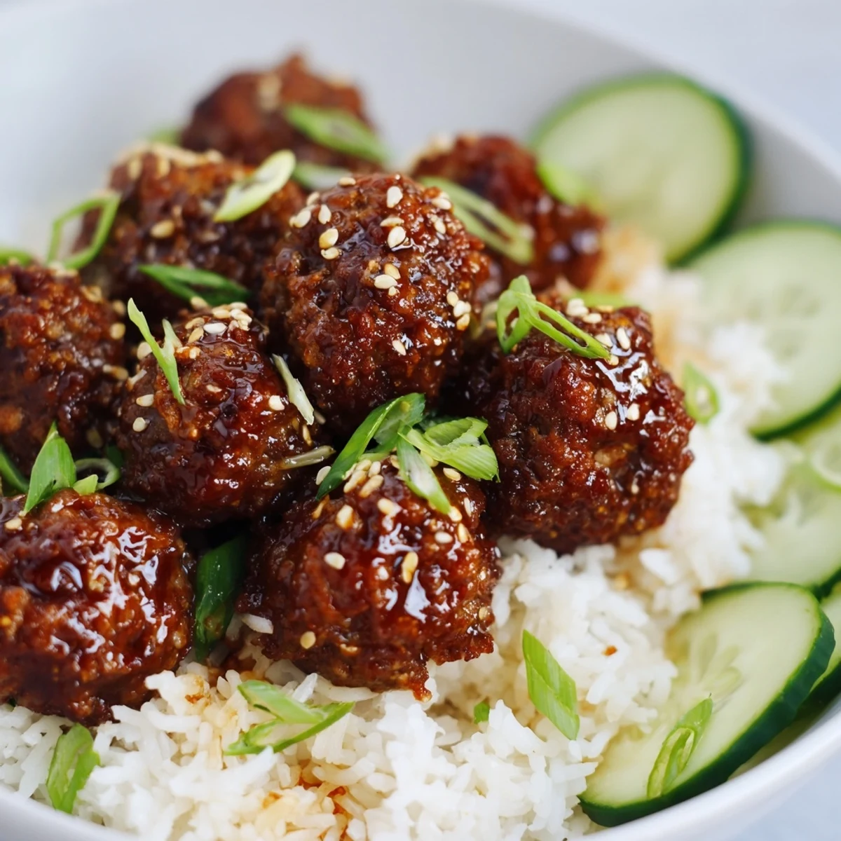 A close-up of delicious teriyaki meatball bowls showcasing the sticky sauce and fresh toppings perfectly.