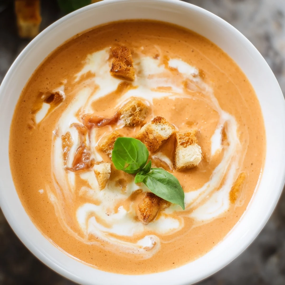 Creamy Roasted Garlic Tomato Soup, a smooth and vibrant bowl, garnished with fresh basil leaves.