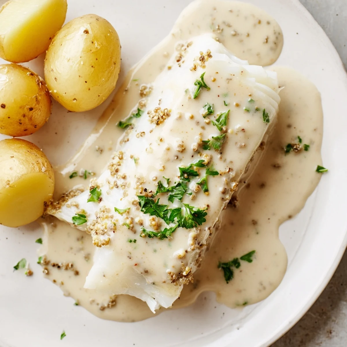 Flaky pieces of Norwegian Lutefisk bathed in creamy mustard sauce, ready to serve.
