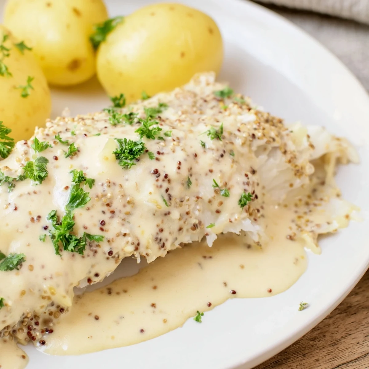 Holiday feast: Tender Lutefisk, paired with potatoes and mustard sauce for traditional flavors.