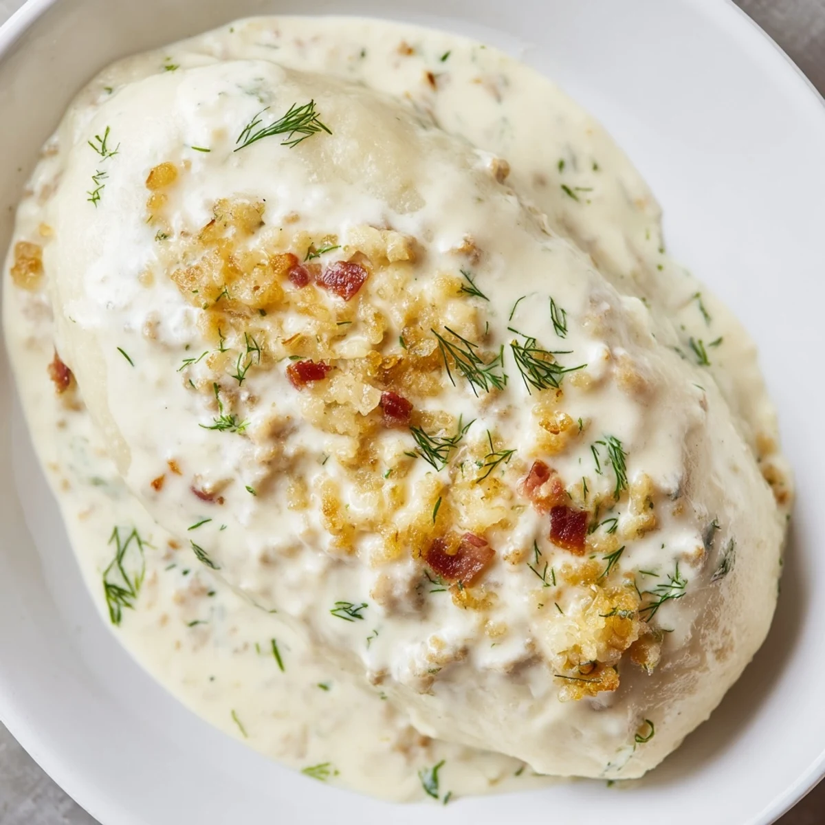 Homemade Cepelinai, generously topped with a rich bacon-infused sour cream sauce, ready to be enjoyed.