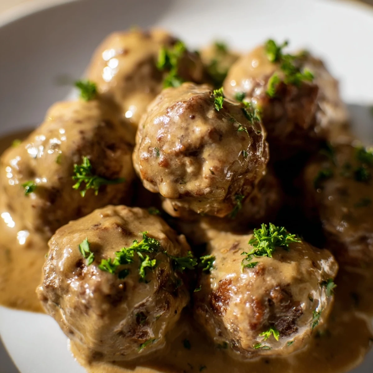 Freshly made Swedish Meatballs, a comforting Scandinavian dish, nestled with mashed potatoes and jam.