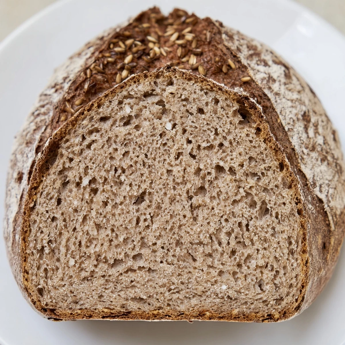 A rustic loaf of Latvian Rupjmaize bread, its dark crust and caraway seeds, ready to slice.