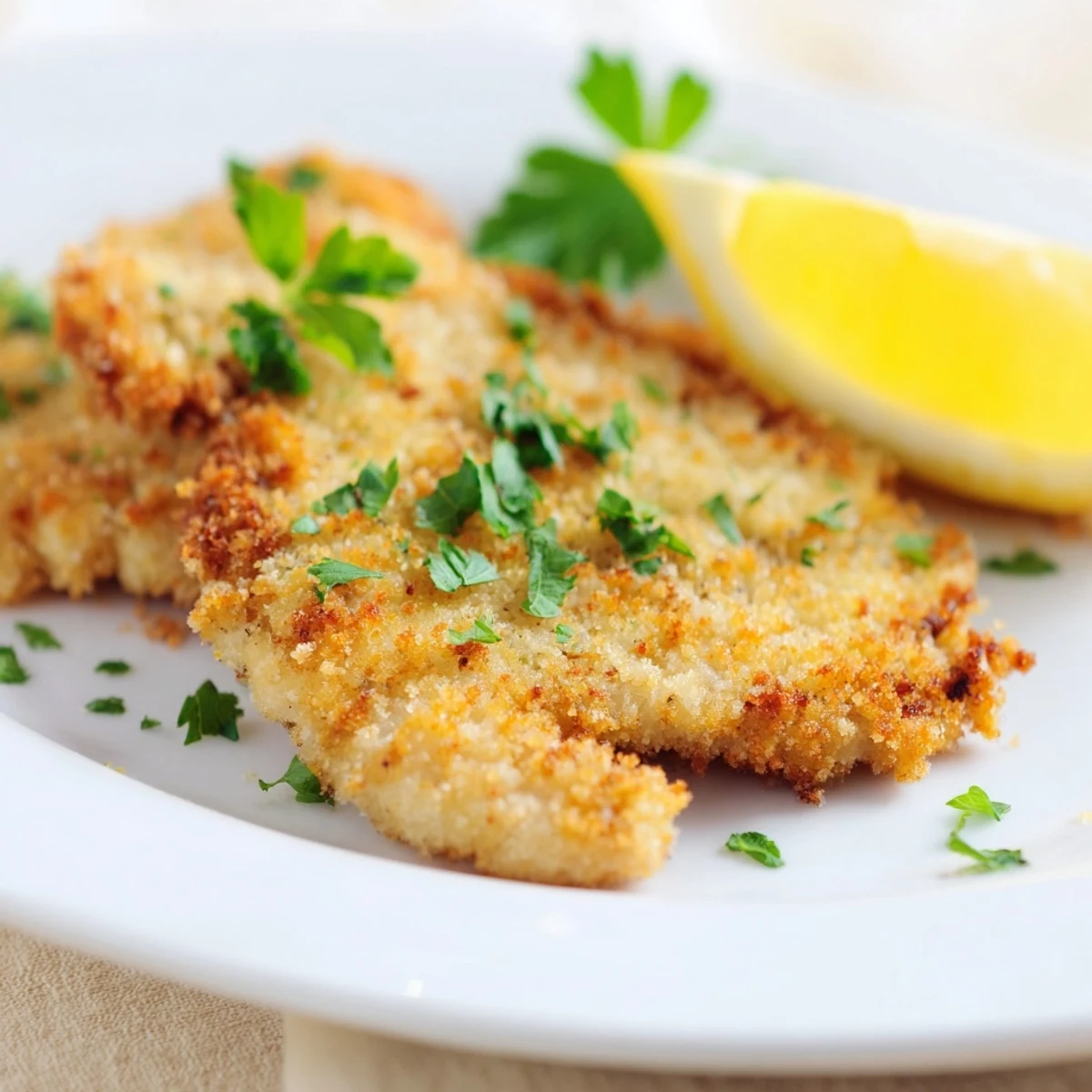 Golden-brown German schnitzel cutlet, crispy from pan-frying, ready to be served with lemon wedges.