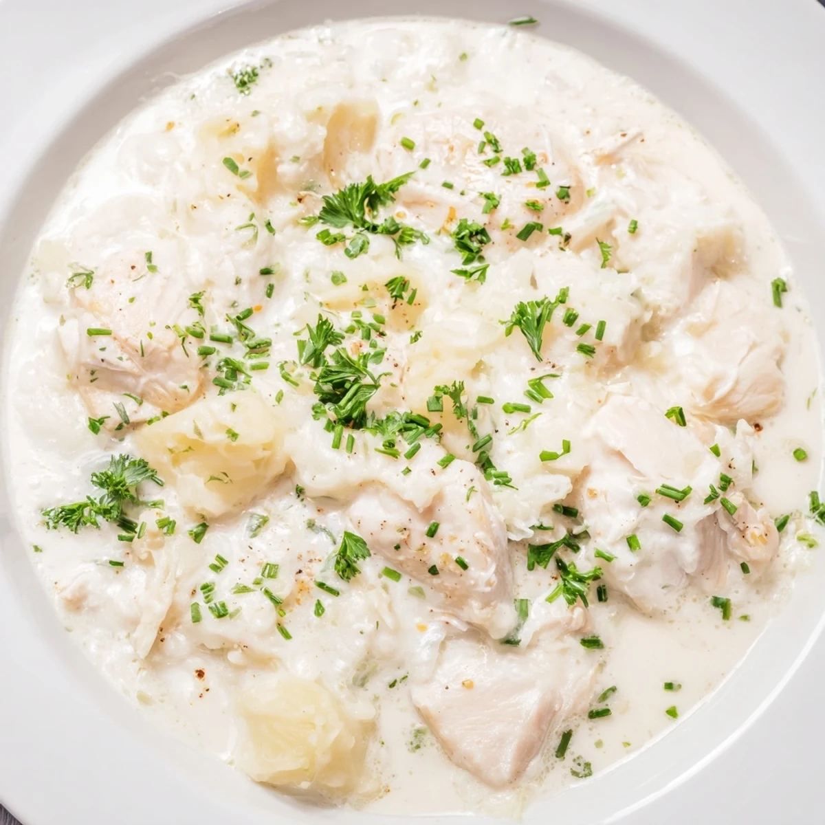Steaming hot Icelandic Fish Stew with flaky white fish, tender potatoes, and fresh herbs, ready to serve.