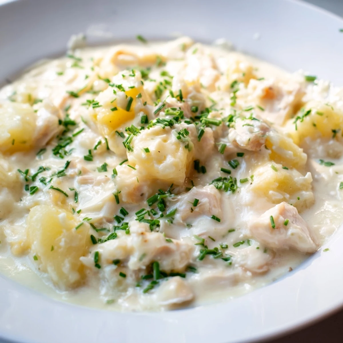 A hearty bowl of Icelandic Fish Stew, a creamy soup with visible pieces of fish and potatoes.