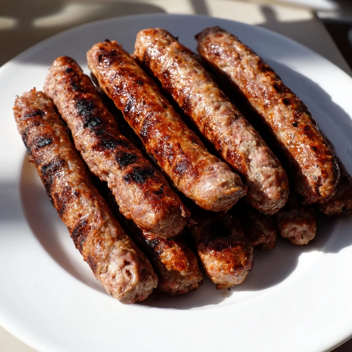 Golden-brown Romanian mici sausages sizzling on a grill, ready to be served hot with mustard.
