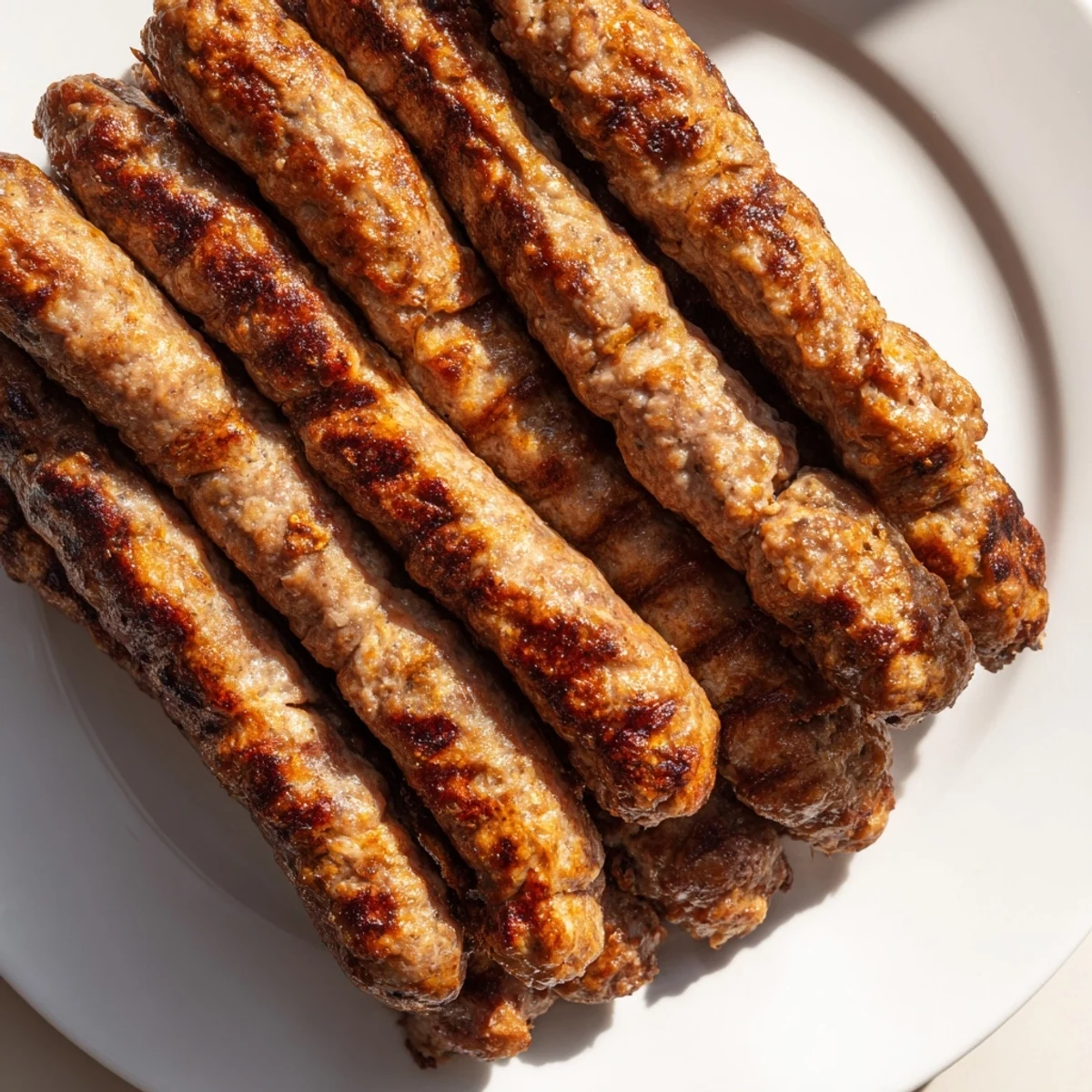 A close-up of grilled Romanian mici, showing the perfectly browned crust and juicy interior texture.