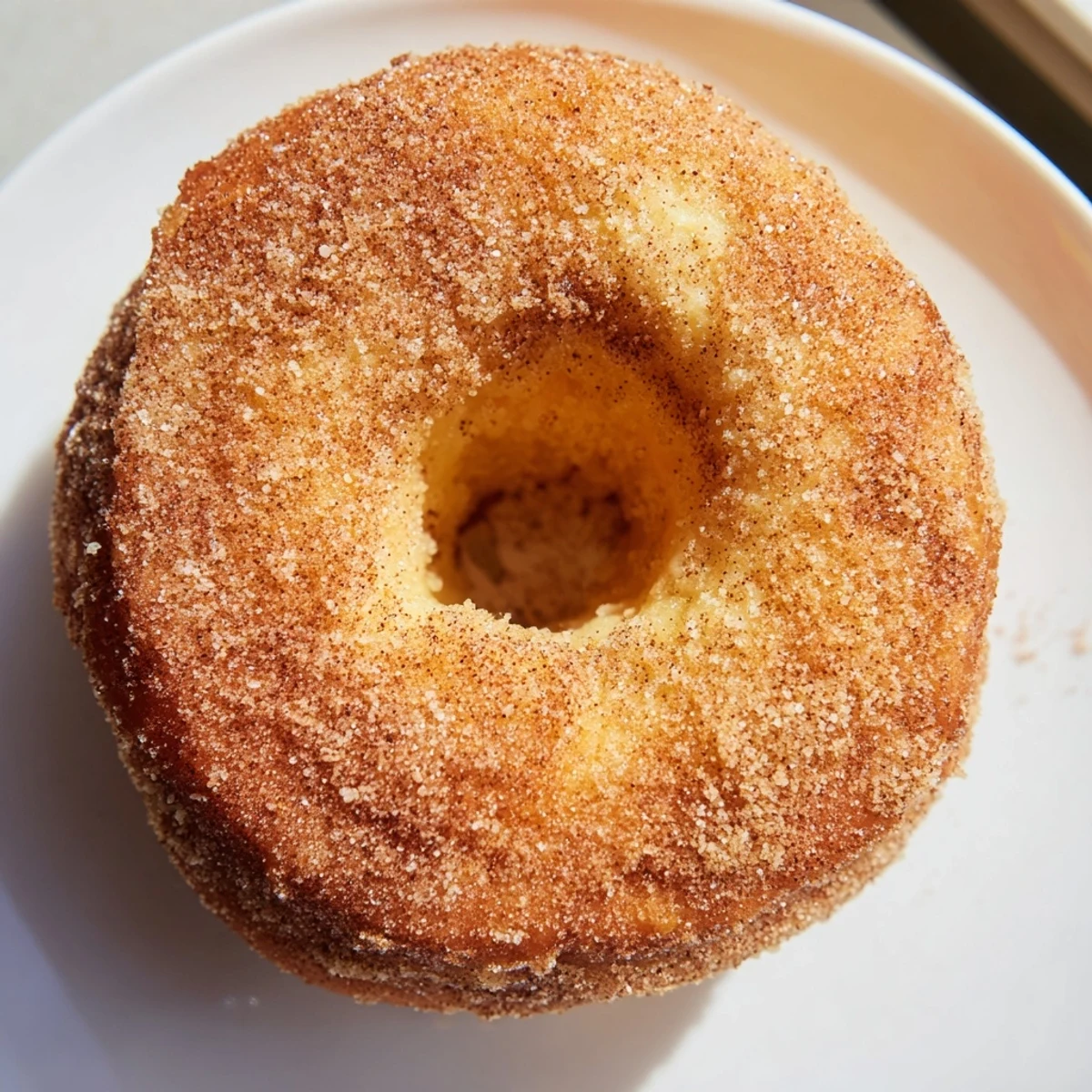 Golden brown air-fried cinnamon sugar donuts on a marble counter, served with a mug of coffee.