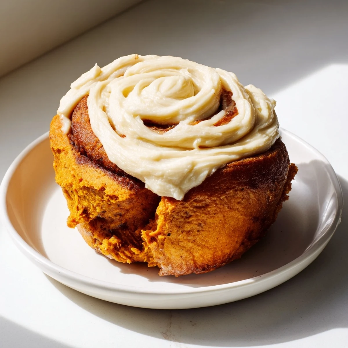 Warm, soft pumpkin cinnamon rolls arranged on a white plate, ready to be served for a cozy autumn breakfast.