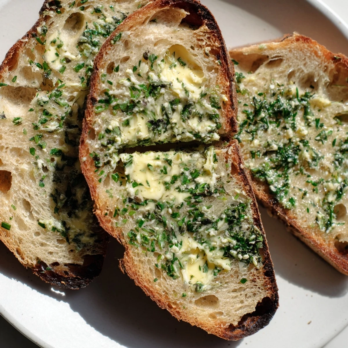 A close-up of Herb Butter Toast reveals crispy edges and a generous spread of aromatic herb butter, perfect as an appetizer.