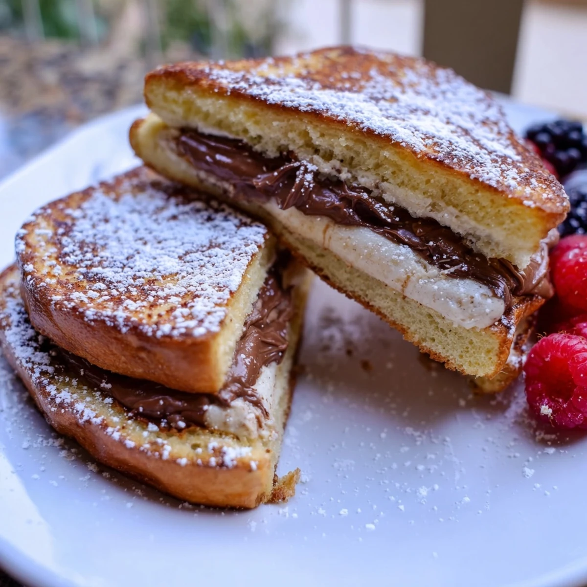 Powdered sugar dusting a plate of golden Nutella Brioche French Toast, ready to be drizzled with maple syrup.