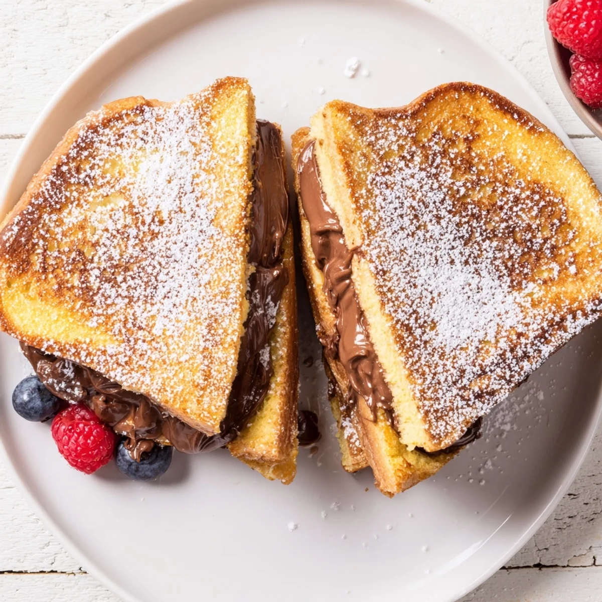 Stack of fluffy French toast sandwiches with melted chocolate hazelnut filling, served warm with fresh berries for a sweet brunch.