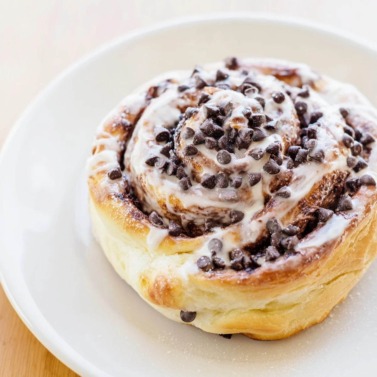 Warm Nutella Chocolate Chip Rolls fresh from the oven, with a glossy chocolate glaze dripping down the soft, cinnamon-spiced spirals.  