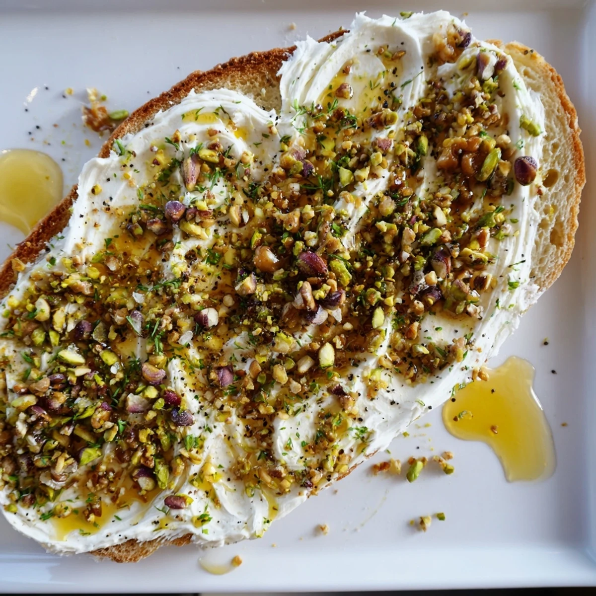 A close-up of Flavored Butter Board Charcuterie spread on a wooden board, topped with chopped nuts, fresh herbs, and a honey drizzle, ready for dipping with bread.