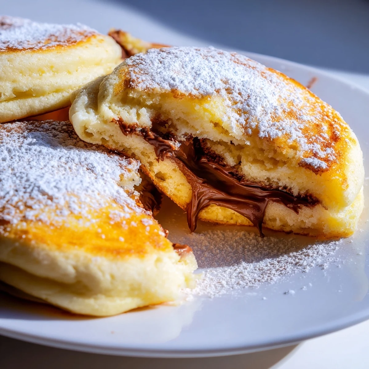 A stack of fluffy Nutella Stuffed Pancakes is drizzled with warm chocolate sauce and maple syrup.  