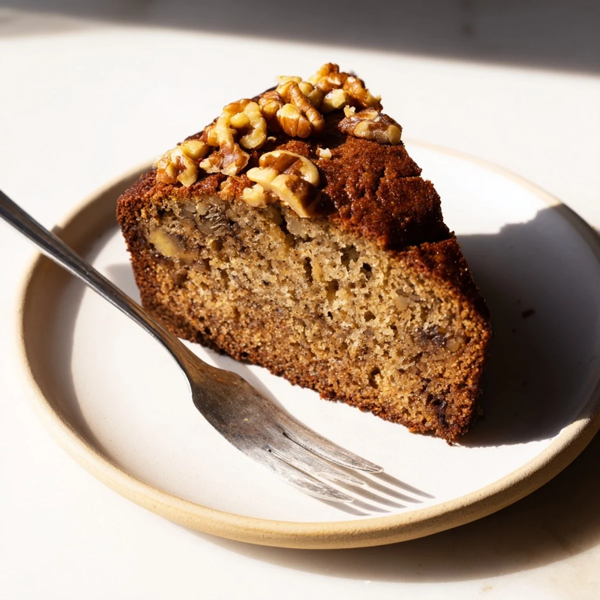 A moist slice of homemade banana bread, generously studded with chocolate chips and served warm on a rustic cutting board.  