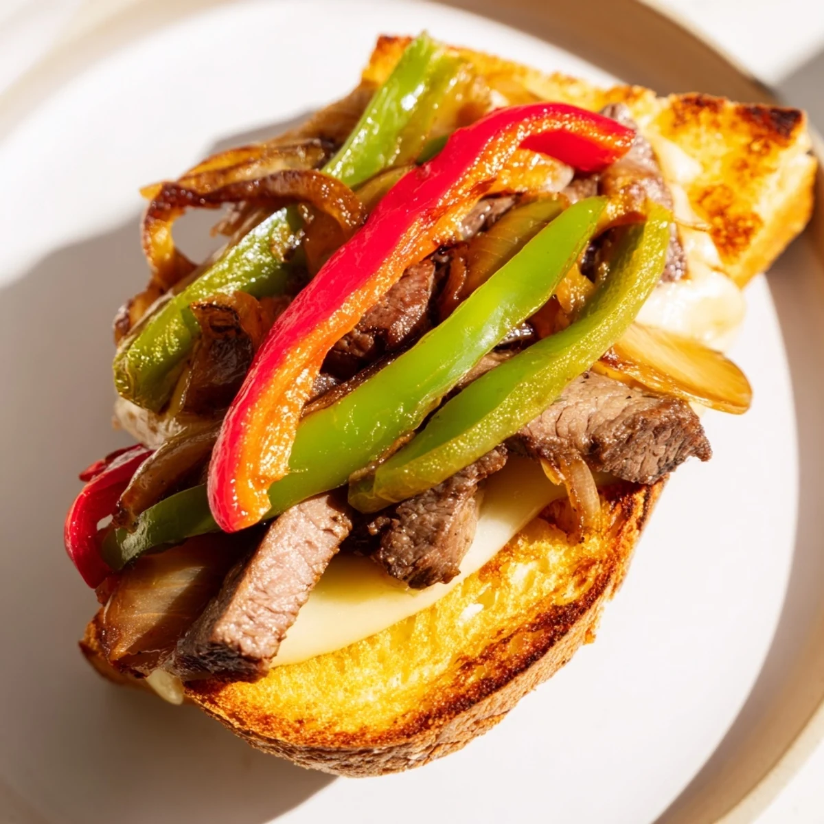 A hearty Philly Cheesesteak Grilled Cheese served with crispy french fries and a fresh dill pickle spear.