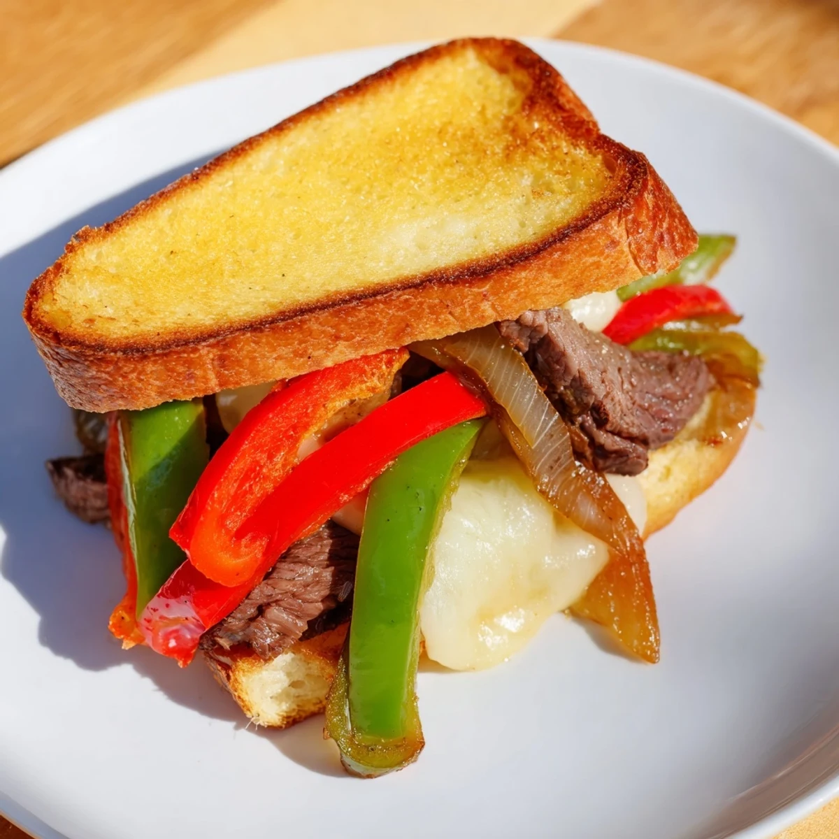 Close-up of a Philly Cheesesteak Grilled Cheese showing buttery sourdough bread and savory, gooey provolone cheese.