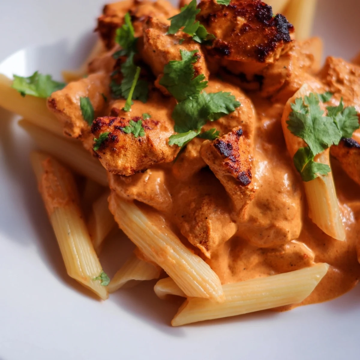 Creamy Chicken Tikka Pasta with tender spiced chicken and al dente penne in a rich tomato cream sauce.