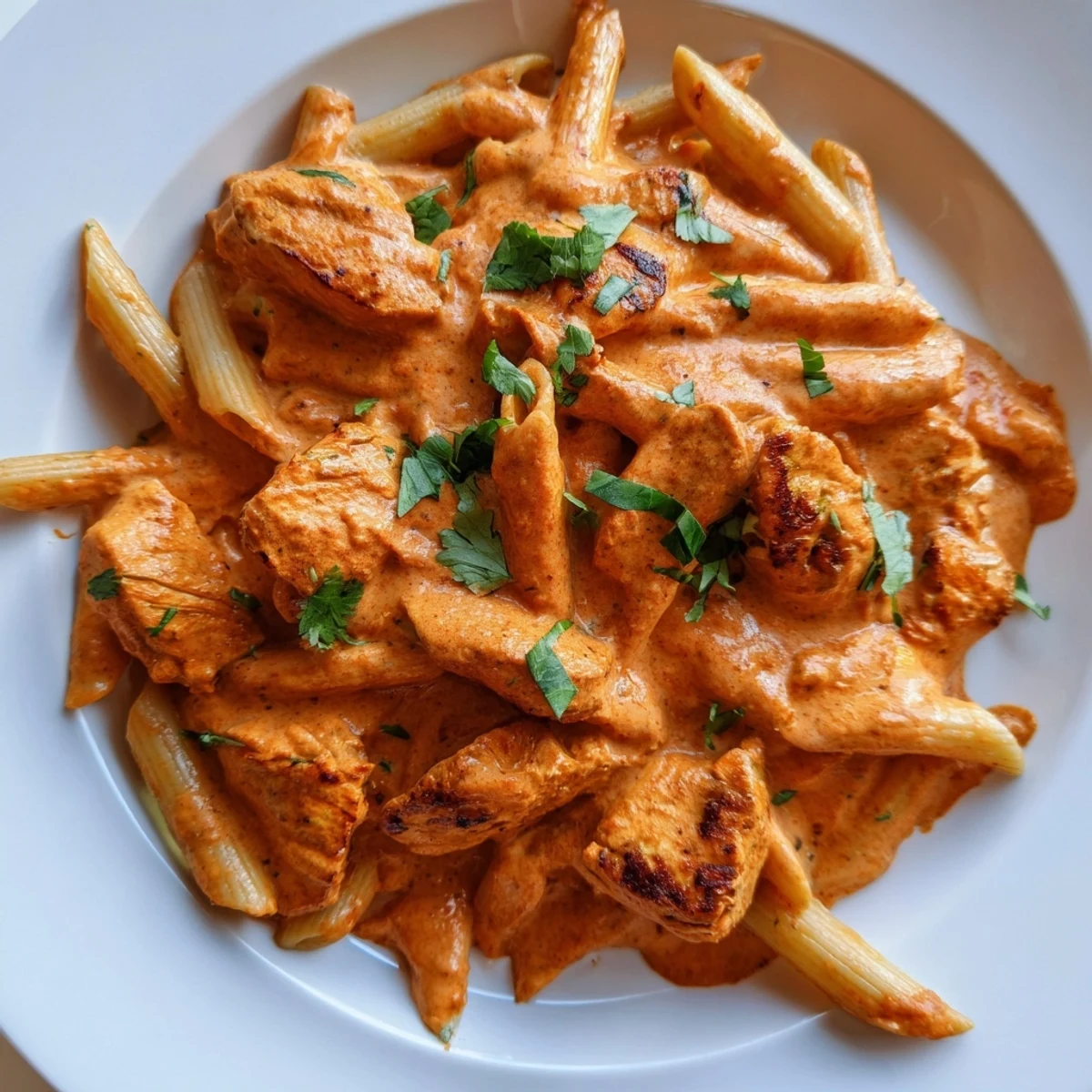 Close-up of Chicken Tikka Pasta, showcasing charred chicken tikka pieces coated in a velvety, spiced tomato cream sauce.