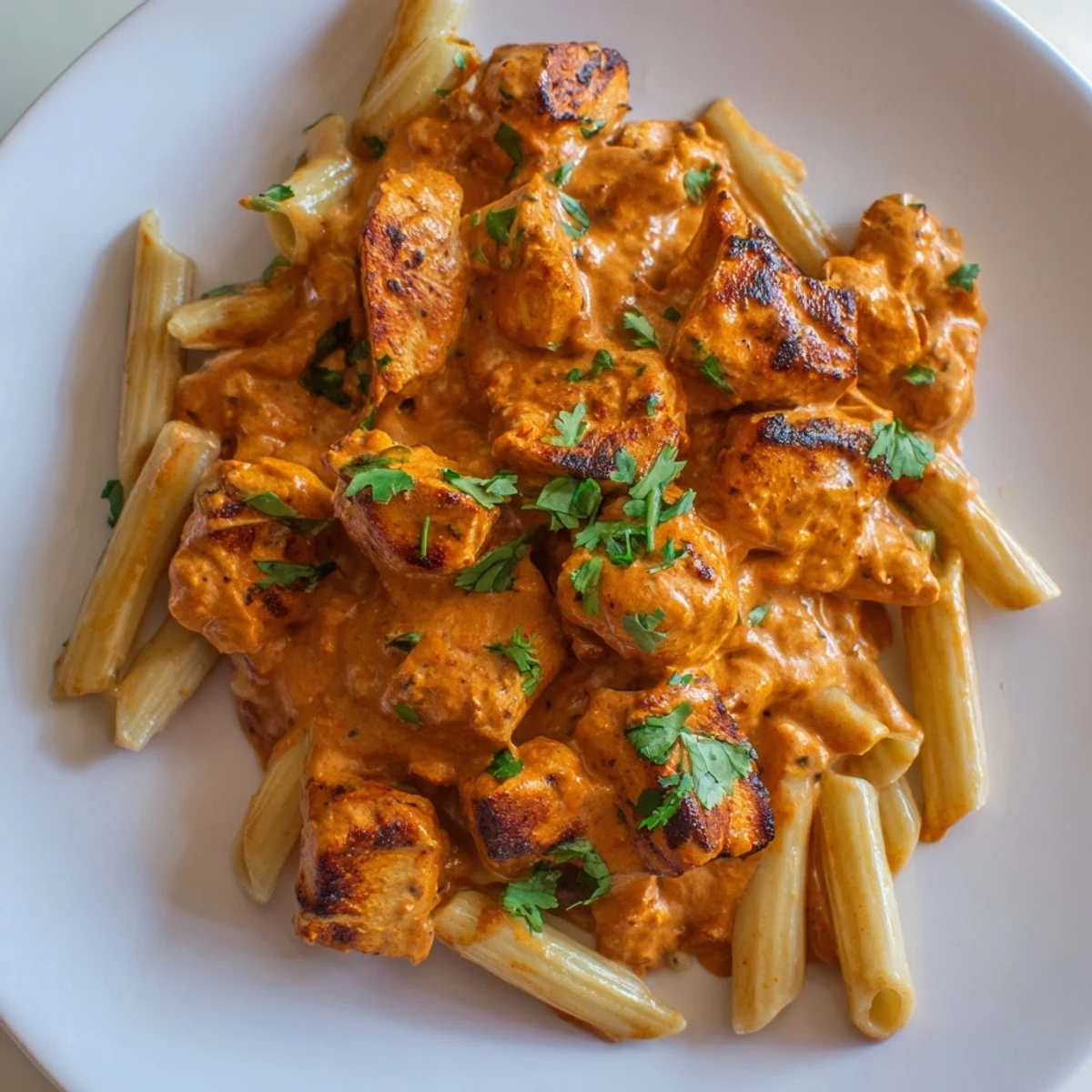 A vibrant bowl of Chicken Tikka Pasta garnished with fresh cilantro, served hot with a side of garlic naan.