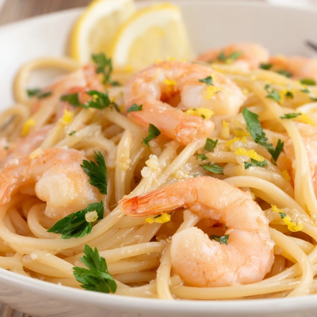 Tender sautéed shrimp tossed with al dente linguine in a rich garlic butter sauce, ready to serve.