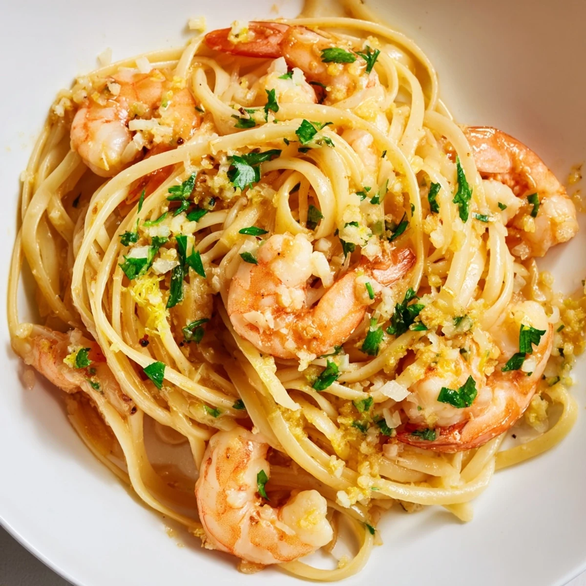 Savory Garlic Butter Shrimp Linguine plated with lemon, parsley, and optional Parmesan, perfect for an Italian-inspired dinner.