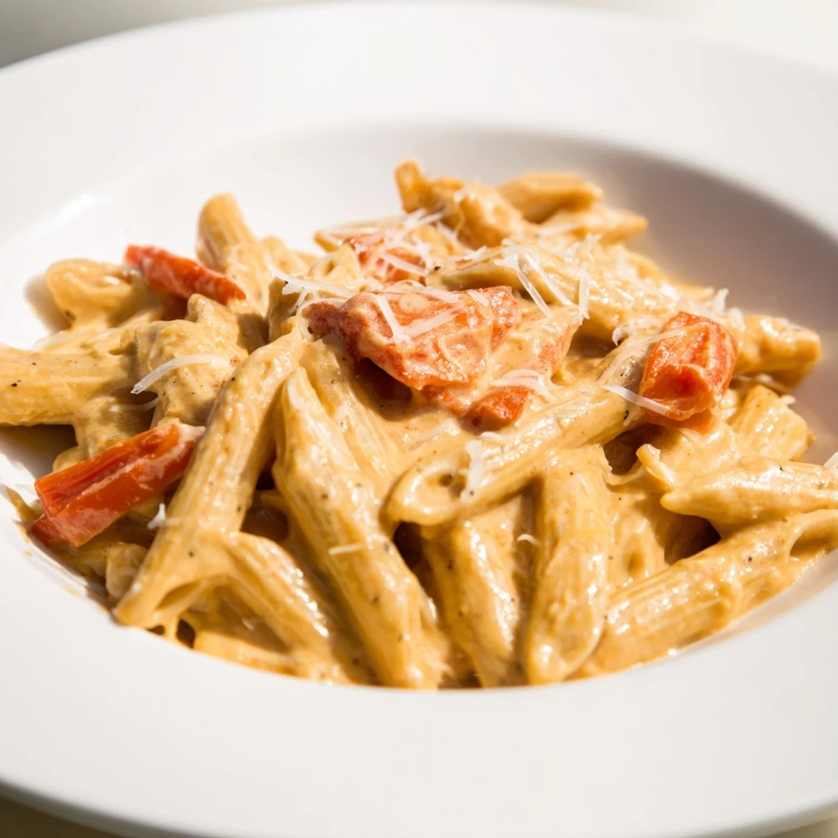 Creamy Cajun pasta in a white bowl, topped with fresh parsley and extra Parmesan, steaming on a rustic wooden table.  